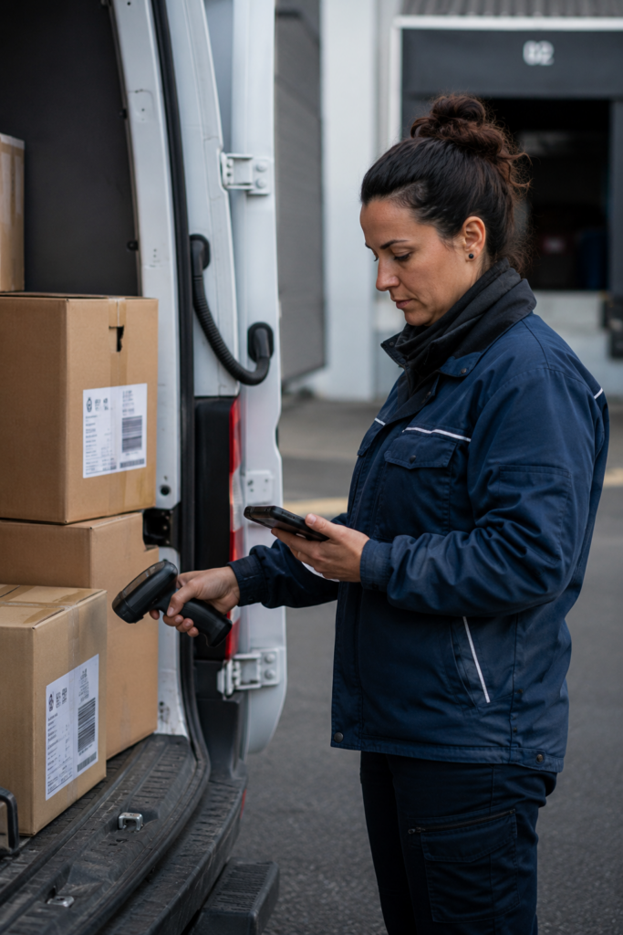 HGL-Mitarbeiterin scannt Ware an einem Transporter