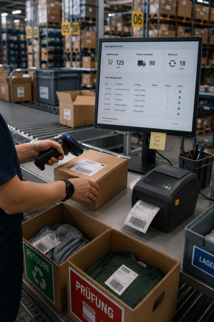 E-Commerce Fulfillment Center in Aktion. Mitarbeiter scannt mit Handscanner Ware im Lager.