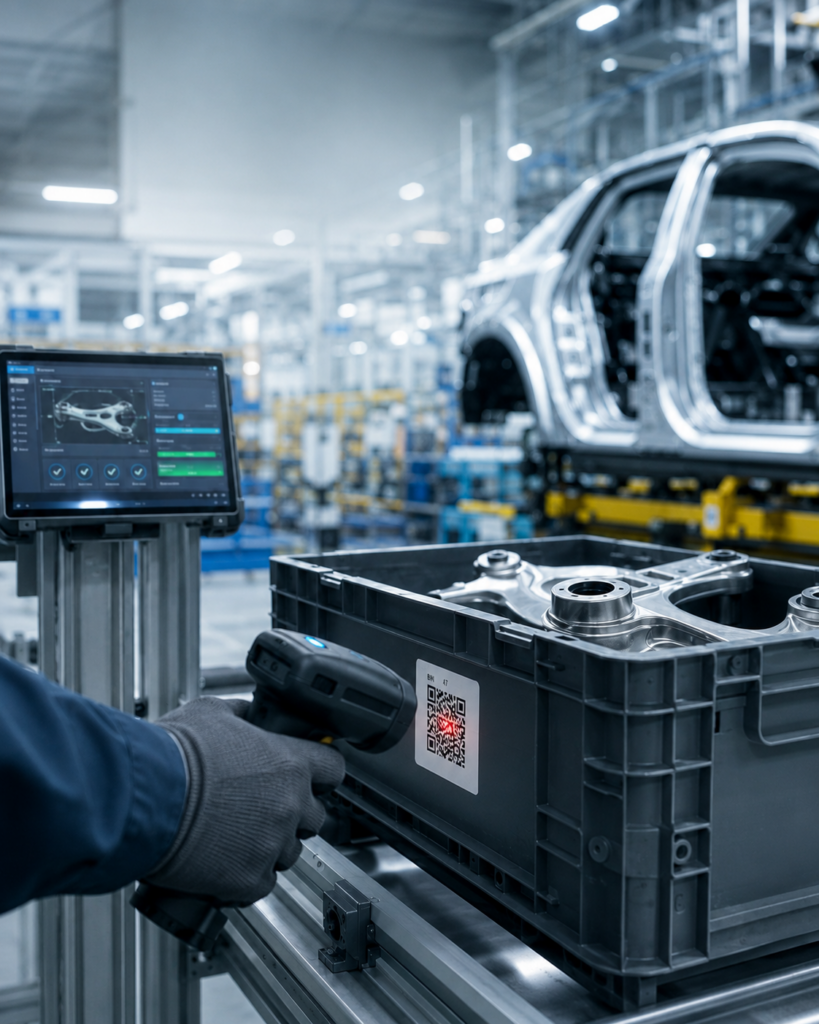Industrie-Arbeitsplatz im Bereich Automotiv mit Barcode-Scanvorgang eines Fahrzeugteils